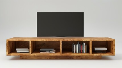 Minimalist media console with open shelving, isolated on a white studio background