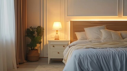 Minimalist nightstand with a built-in lamp beside a bed