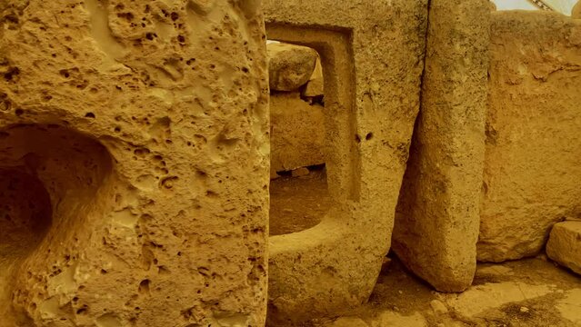 Temple structure, Hagar Qim megalithic temple complex ruins in Qrendi, on the Mediterranean island of Malta, dating from the Ggantija phase. High quality 4k footage