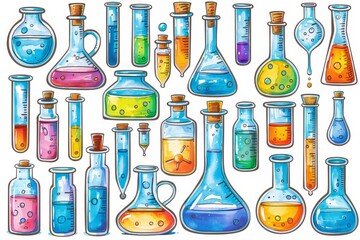 Diverse collection of colorful potion bottles in a whimsical vector illustration on a white background, emphasizing fantasy and magical themes