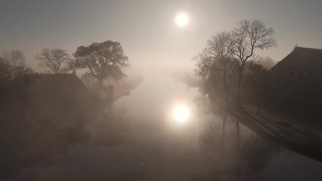 Morning Mist over Dokkumer Ee River, Friesland: Aerial View