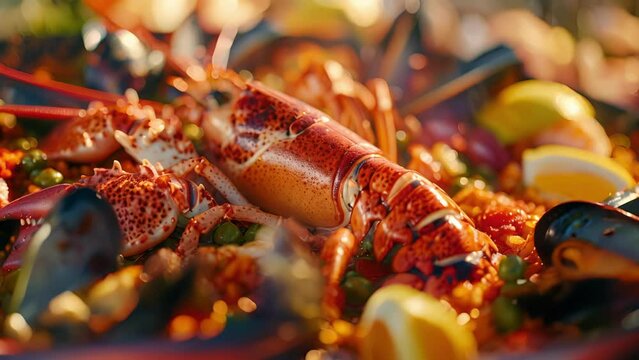 An elaborate seafood paella filled with an abundance of fresh lobster shrimp and clams serves as the centerpiece of the feast.