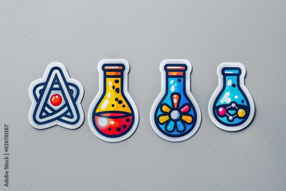 Poster Collection of colorful potion bottle stickers in a whimsical vector illustration on a white background, emphasizing fantasy and magical themes