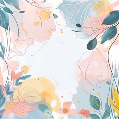 Wallpaper in a minimalist style in pastel colors of flowers and botanical leaves, yellow blue pink, painted in watercolor.