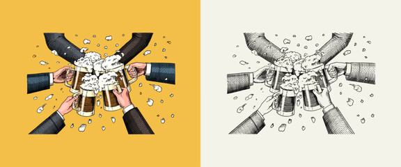 Cheers toast. Vintage beer badge. Alcoholic Label. Classic frame for poster banner. Glass with drink. Hand drawn engraved sketch lettering for t-shirt.