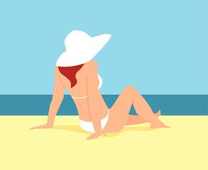  A woman in a white swimsuit and a hat half lying on a beach and looking at the sea vector illustration