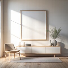 A white room with a white framed picture on the wall and a chair in front of it