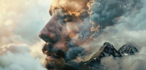 The man with mountain and clouds on his face