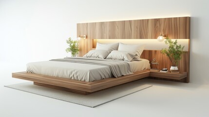 Modern bed frame with a storage headboard in a minimalist bedroom
