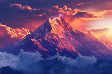 Majestic Snow-Capped Mountain Range at Vibrant Sunset