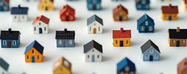 Isolated small house model pattern on white background, minimalistic design, repeating elements, copy space