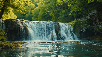 Obraz premium A photo of a beautiful waterfall leading into a nice mystical river, refreshing, life growing, colorful plants.