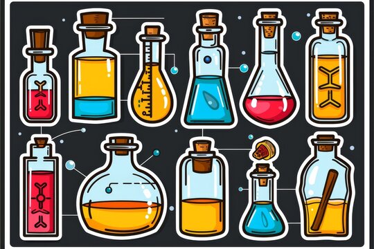 Vibrant vector illustration of potion bottles with various colorful liquids on a white background, emphasizing alchemical and fantasy themes