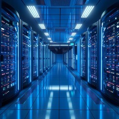 A long, blue-lit hallway with rows of server racks on either side.