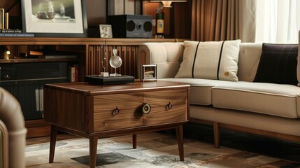 Modern end table with a drawer beside a sofa