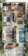 top view of a modern house with swimming pool