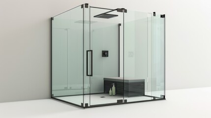 Modern glass shower enclosure with a frameless design, isolated on a white studio background
