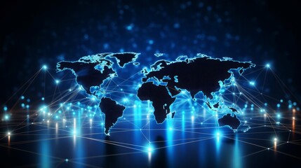 Obraz premium World map with cyber network connections, glowing blue lights indicating data hubs, dark backdrop, focus on global technology and digital connectivity, modern and sleek design