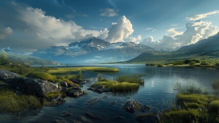 Beautiful Landscape with Mountains and Lake Reflection in Serene Nature Setting Featuring Majestic Wilderness and Sky