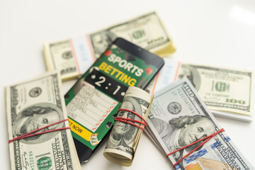 Sport betting online banner concept. app online bet on soccer. Mobile phone with soccer field on screen and realistik football ball in front. illustration