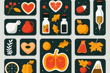 Whimsical vector illustration of autumnal and botanical elements on a dark background, emphasizing seasonal and nature themes with vibrant colors