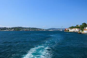 Turquoise blue sea water. View of the Bosphorus in Istanbul city on sunny summer day, in a public...