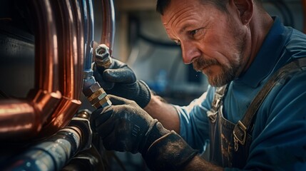 Closeup of a plumber working on a complex pipe system, emphasis on professional plumbing services and tool usage, clear and focused visual