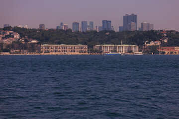 Fototapeta premium Evening sea view off the coast of Istanbul. Orange sunset sky 