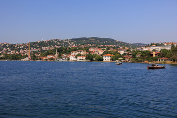 Turquoise blue sea water. View of the Bosphorus in Istanbul city on sunny summer day, in a public place.