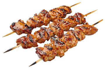 Three skewers of grilled chicken with sesame seeds and a glaze.