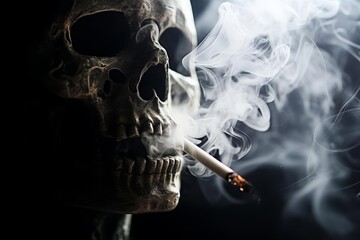 Smoke from a cigarette forming a skull close up, focus on, copy space eerie and clear Double exposure silhouette with a shadowy figure