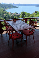 Beautiful views from above, tables in a cafe in the mountains and a panoramic view of the city, public places in Turkey, on a sunny summer day