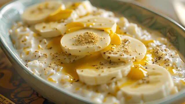 A dish of creamy coconut rice pudding topped with sliced bananas and a drizzle of mango puree.