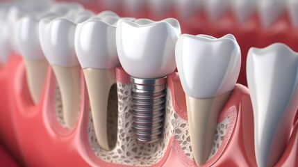 A detailed crosssectional illustration of a dental implant inserted into the jawbone, surrounded by natural teeth, showcasing the anatomy and integration of the implant in dental care