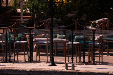 Beautiful views, public space city cafes in Turkey, on a summer day