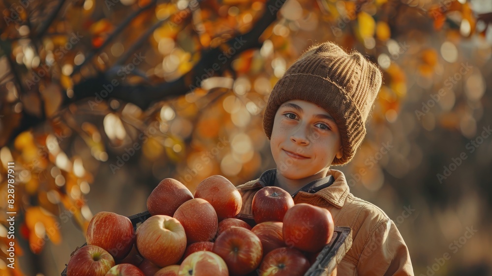 Sticker a young farmer is gathering red apples in the garden during the autumn harvest