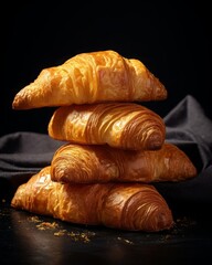 A delicious display of golden croissants placed on a dark slate background, highlighting their flaky texture and appetizing appearance, perfect for a bakery or breakfast theme