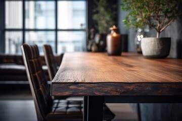 A sharp focus on the textured wood of a table, with a blurred modern office interior in the background, highlighting the contrast between the rustic material and the sleek, contemporary setting