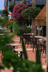 Beautiful views, public space city cafes in Turkey, on a summer day