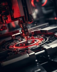 A closeup of sophisticated industrial equipment with a red laser in operation, showcasing the intricate details and technological prowess of modern machinery