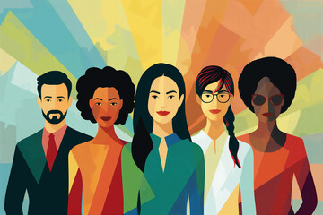 Illustration of a united team of professionals confidently looking ahead against a colorful backdrop. Ideal for leaders or leadership contents.