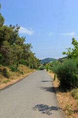 Beautiful road and landscape, streets and roads of a southern small town, public place in Turkey, on a summer sunny day