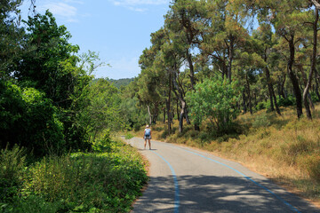 Beautiful road and landscape, streets and roads of a southern small town, public place in Turkey, on a summer sunny day