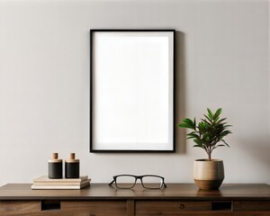 A black framed white picture hangs on a wall