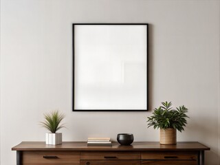 A black framed white picture hangs on a wall