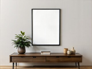 A wooden table with a vase of plants and a white framed picture on it