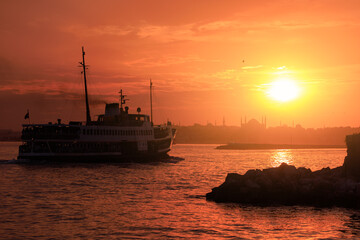 Fototapeta premium Evening sea view and ships, Seascape overlooking the coast of Turkey