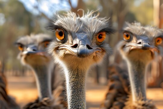 A group of curious ostriches with fluffy feathers and big expressive eyes