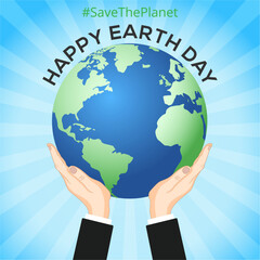 Happy Earth Day! Two hands holding earth, globe, world map 3D vector illustration
