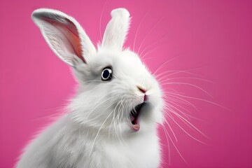 Fototapeta premium A close-up of an adorable white rabbit with a surprised expression on a vivid pink background